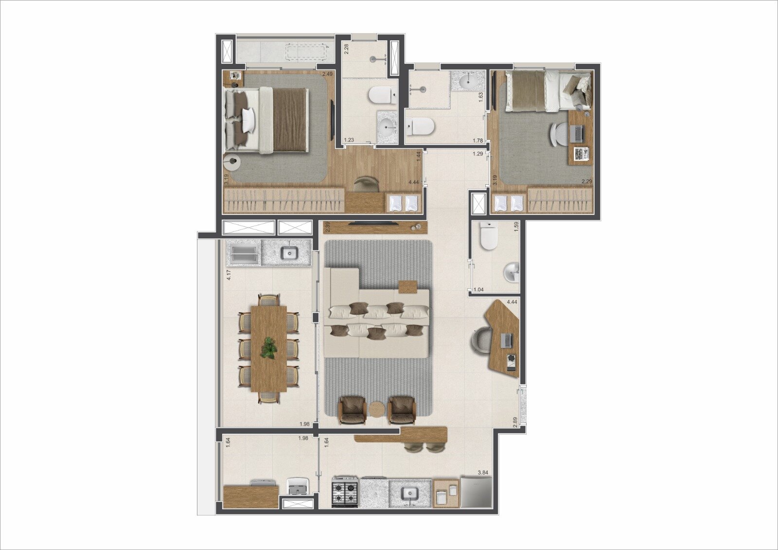 75m² • 2 dormitórios + 1 suíte